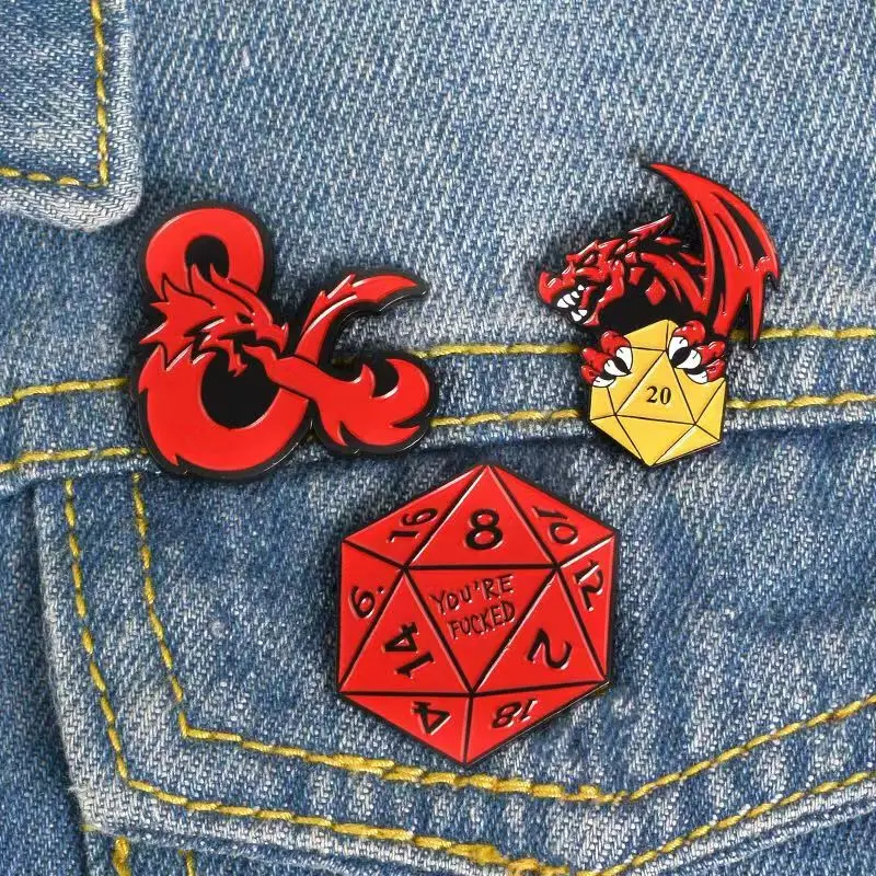 Metal Enamel Brooch RPG Game Dice Badge Jewellery Dragon Dice D20 DND Dice Pendant Metal Dices Badge Pin Cartoon Xmas Gifts