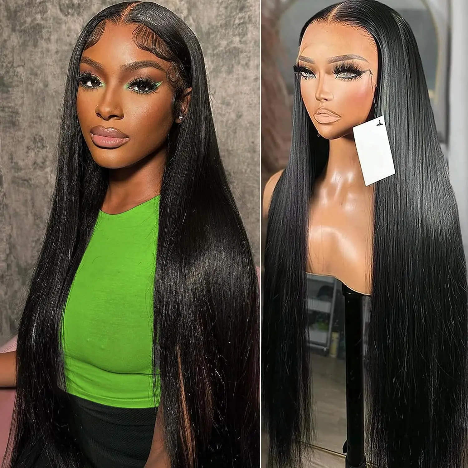 Perruque Lace Front Wig naturelle lisse, 13x4, 1B, pre-plucked, naissance des cheveux naturelle, avec baby hair, densité 180%, pour femmes