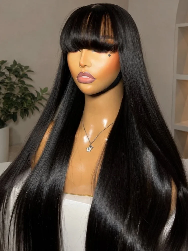 Bone Straight Human Hair Wigs With Bang Full Machine Made Wigs 30 34 inch Natural Color Wig 3x1 Lace Front Remy Human Hair Wigs