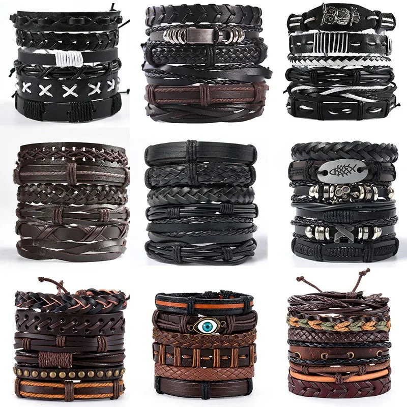 Skórzana bransoletka w stylu vintage dla mężczyzn tkany zestaw ozdoba bransoletka w stylu Punk męska Combo DIY wielowarstwowa bransoletka z amuletem biżuteria — 2