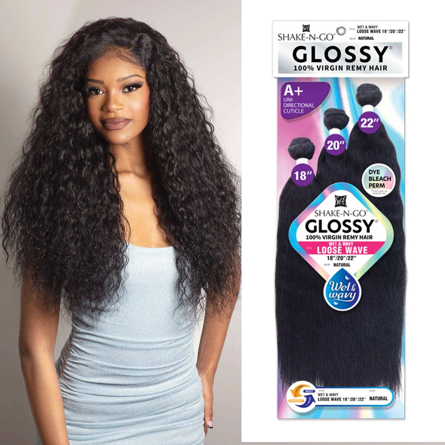 Shake-N-Go Virgin Remy Hair Weave Glossy 3 Bundles Wet N Wavy Loose Wave