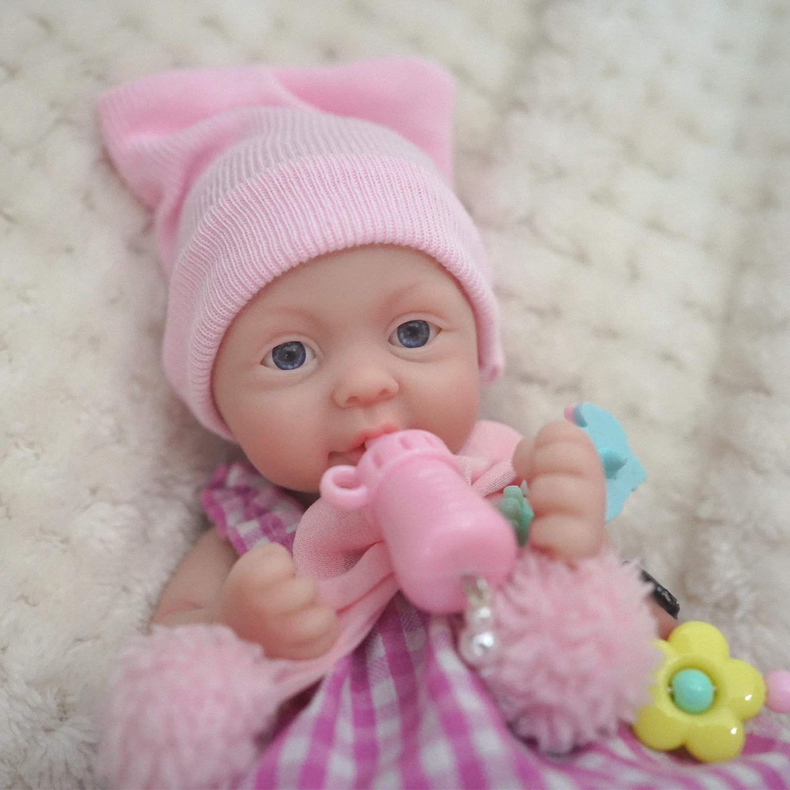 Reborn Baby Doll - 7 Inch Mini Silicone Realistic Newborn Baby Doll, Washable Baby with Feeding Kit-Pink