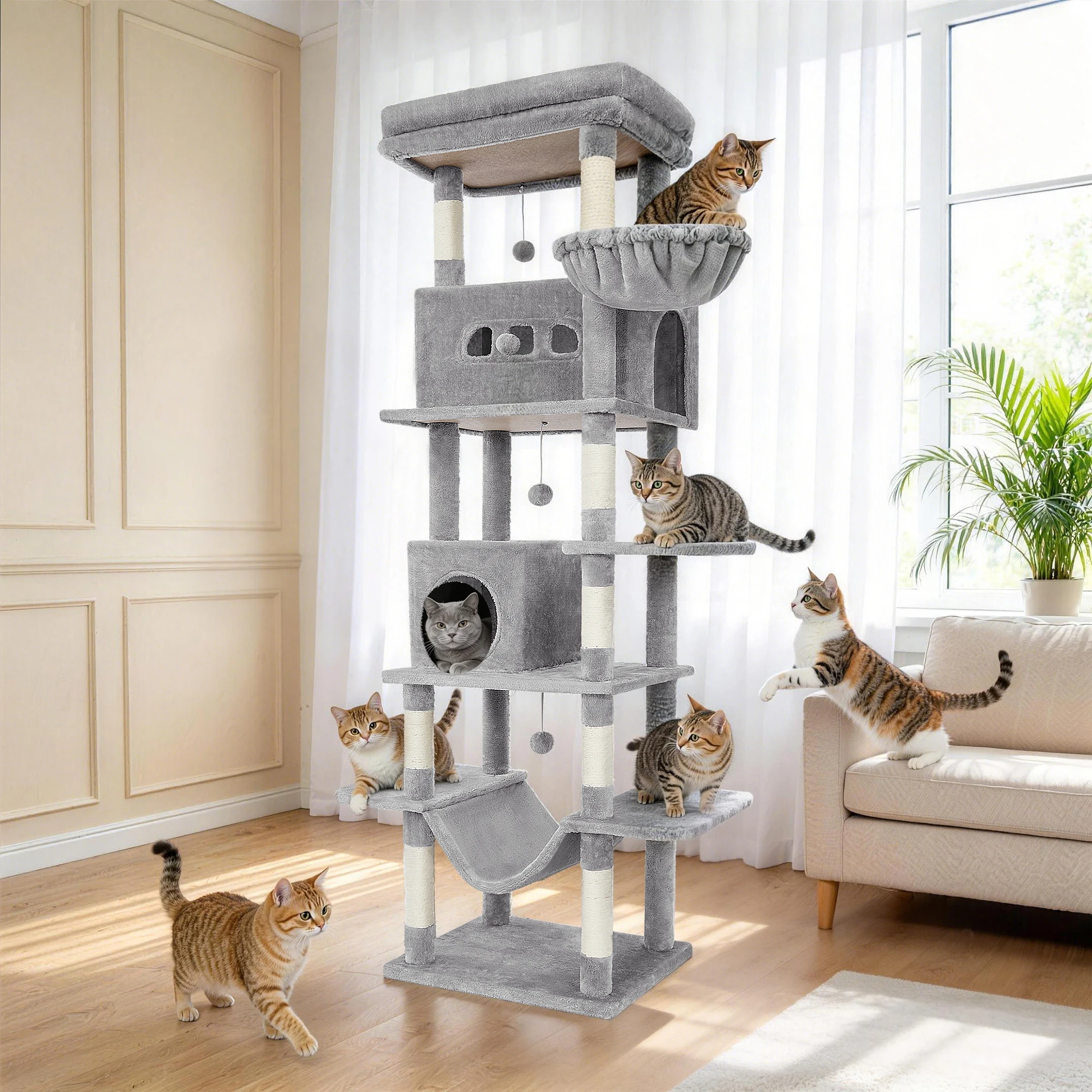 Arbre à chat, grande tour pour chats d'intérieur de 210 cm, maison à chat multi-niveaux avec condo, 8 poteaux à gratter, 4 pompons