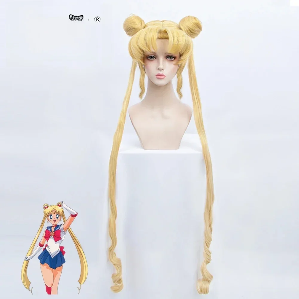 Tsukino Usagi peruka do cosplay blond podwójny kucyk długie kręcone rozdawanie markowa peruka siateczka — zdjęcie 2