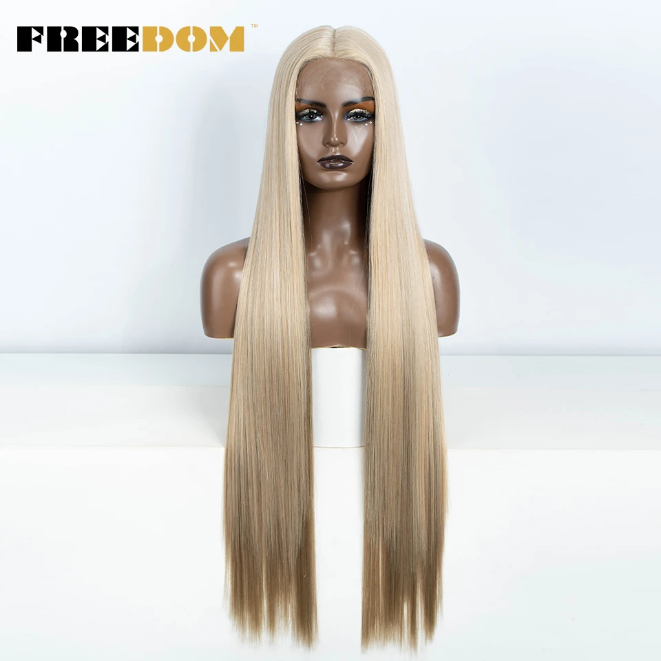VRIJHEID Rechte Synthetische Kant Voor Vrouwen 38 Inch Lange Ombre Bruin Rood Blond Hoogtepunt Kant Frontale Pruiken Cosplay Pruik