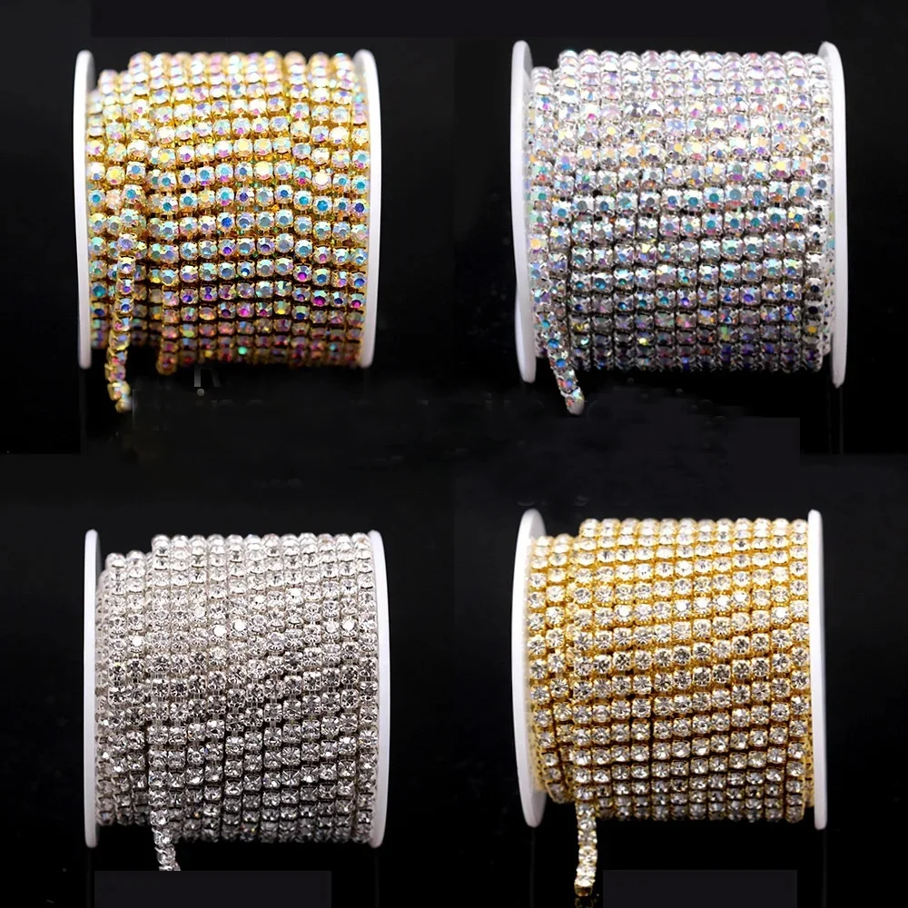 Chaîne en strass cristal brillant SS6-SS18, 1 mètre, 10 mètres/rouleau, à coudre, à coller pour vêtements, bijoux, accessoires pour vêtements, chaîne de tasse de garniture