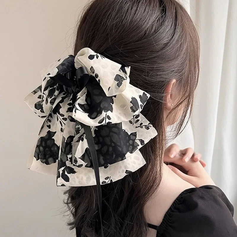 Koreański mały zadrukowany spinki do włosów dla kobiet elegancka spinka z kokardą klamry do włosów dla kobiet spinki kokardki spinka do włosów klamra dziewczęce czarne klips do włosów Retro Half Grab nakrycie głowy — zdjęcie 2