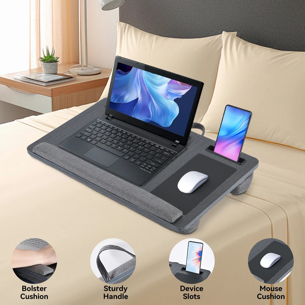طاولة سرير للكمبيوتر المحمول قابلة للتعديل مع مسند للمعصم وفتحات للهاتف اللوحي وتصميم مريح قابل للطي للقراءة والكتابة