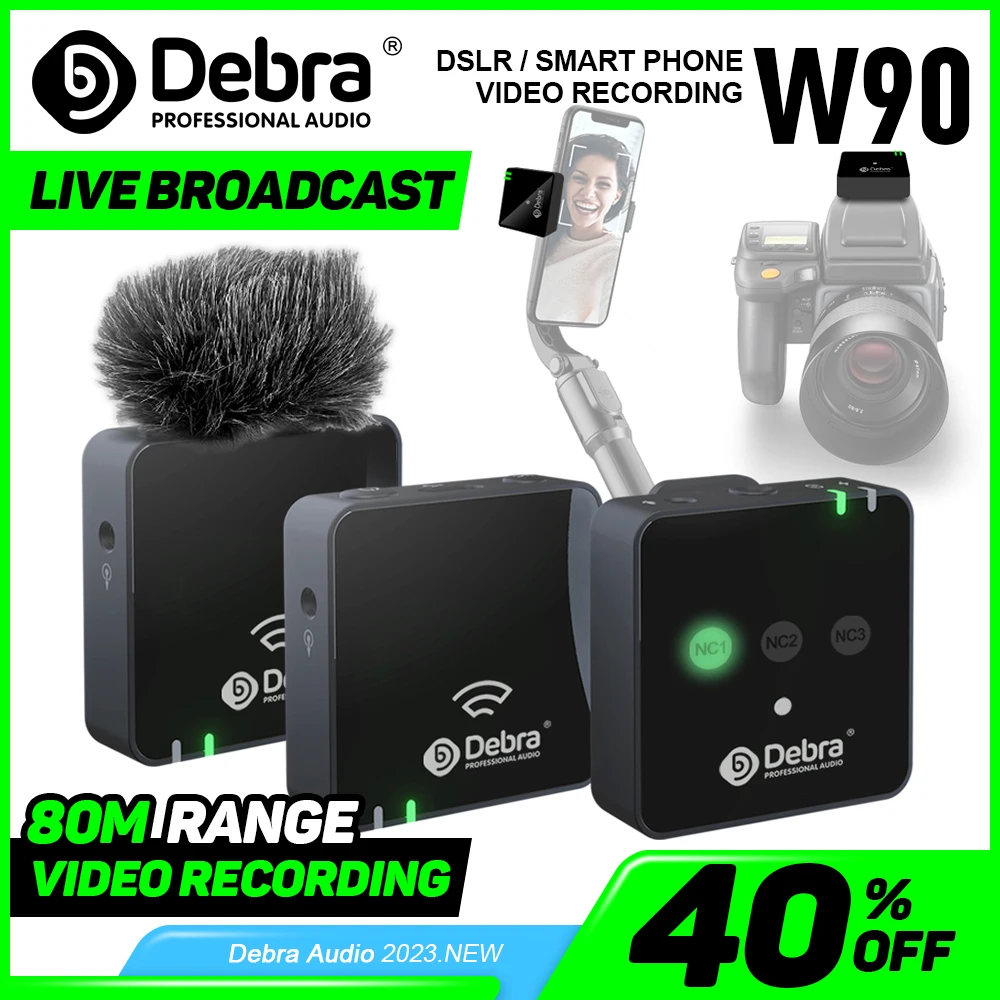 

Debra W90 2.4G Wireless Microphone - 80m Range with 3-Level Noise Reduction for DSLR/Smartphone Vlogging & Live Streaming