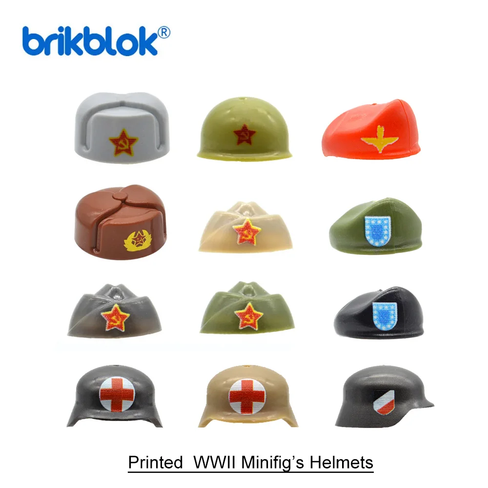 WW2 Helmet Hat with Printed Insignia Building Blocks Soviet Union Red Army Military MOC Brick Toys for Children