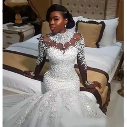 African High Neck Mermaid Wedding Dresses Arabic Plus Size Lace Appliques Zipper Back Bridal Gowns Long Sleeve Robe De Mariee