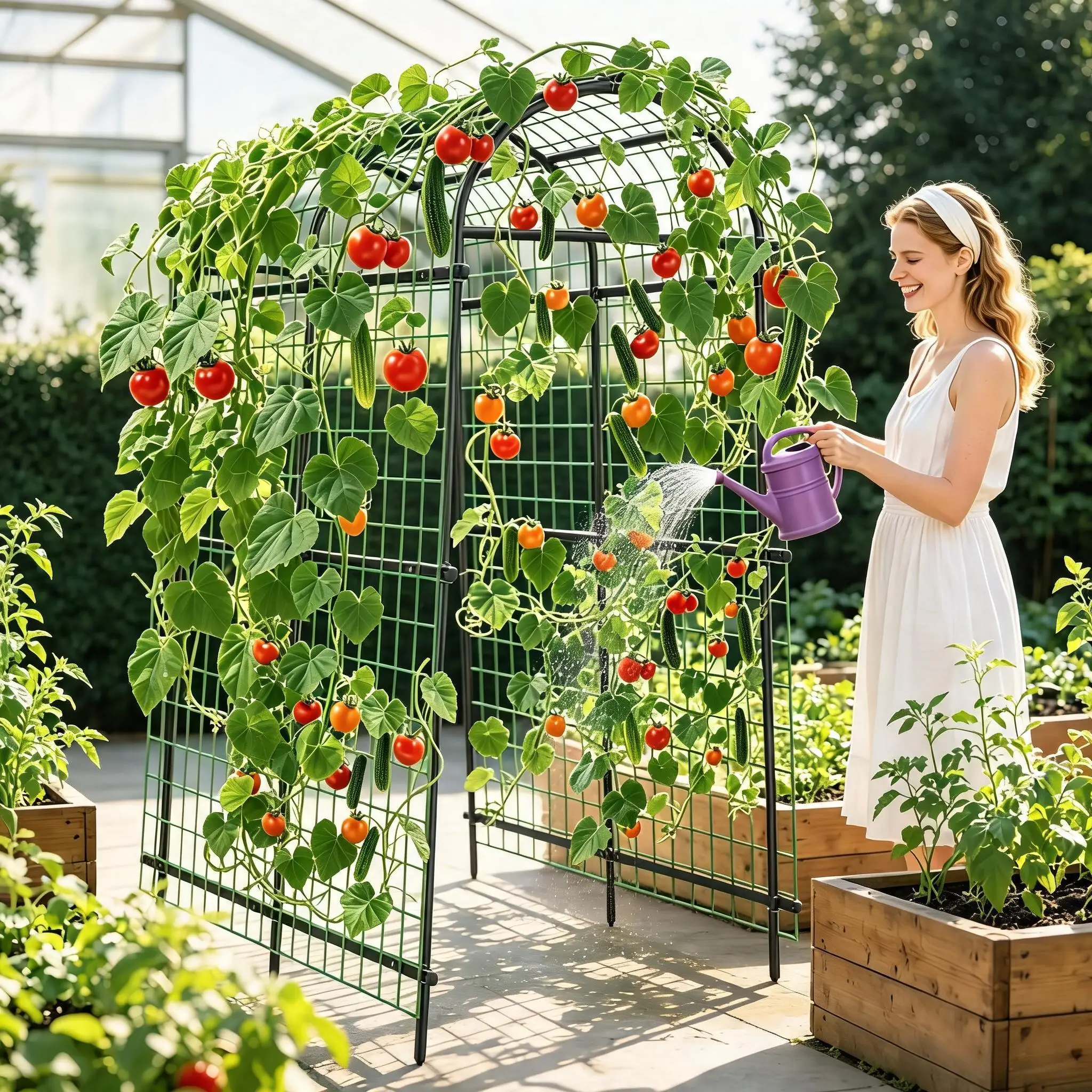 7.5FT Metal Garden Arch Trellis with Netting, Adjustable 35