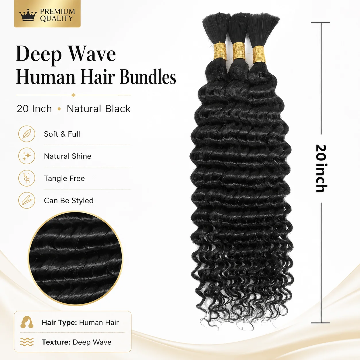18-28 Inch Deep Wave Human Hair Bulks Natural Color Curly Extensions for Boho Braids 3 Bundles/Pack No Weft 100g