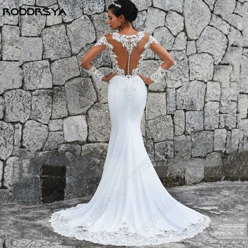 RODDRSYA vestido De novia De sirena, vestido De novia De ilusión, escote redondo, botones traseros De encaje, apliques De satén, tren Fantasía de vestido de novia de sirena scoop encaje trasero abrochado chaleco negro