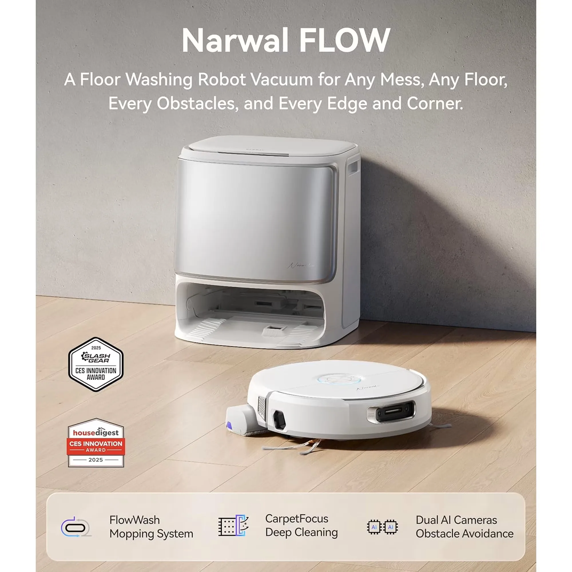 NARWAL Flow Robot Vacuum and Mop Combo, FlowWash Real-Time Self-Cleaning Track Mop, 22,000 Pa Suction, Dual-Camera AI Obstacle Avoidance, Carpet & Edge Cleaning, Self-Emptying Robot Vacuum,White