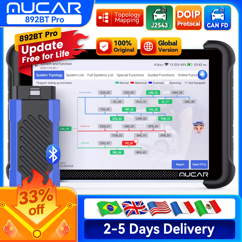 Image of Lebenslange kostenlose Updates MUCAR 892BT Pro OBD2 Scanner Topologiekarte KI-Assistent Systemdiagnose 35 Resets Steuergerätecodierung Bidirektional mit J2534 /CAN FD /DoIP