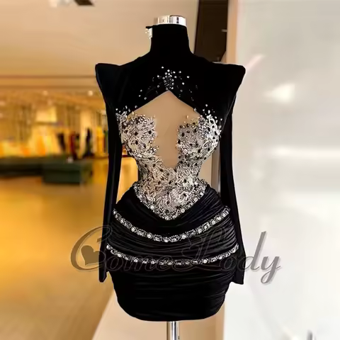 Comelody Attractive Sheath Cocktail Dresses with High Neck Appliques Rhinestones Girl Evening Dress Robes De Soiree Customized