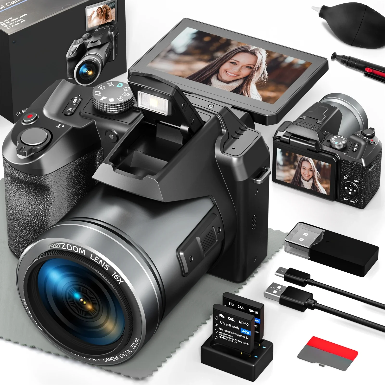 NBD S205E 64MP professionelle Digitalkamera für Fotografie, 5K-Vlogging-Kamera mit 3'' Klappbildschirm, 16-fachem Digitalzoom, 32GB TF-Karte.