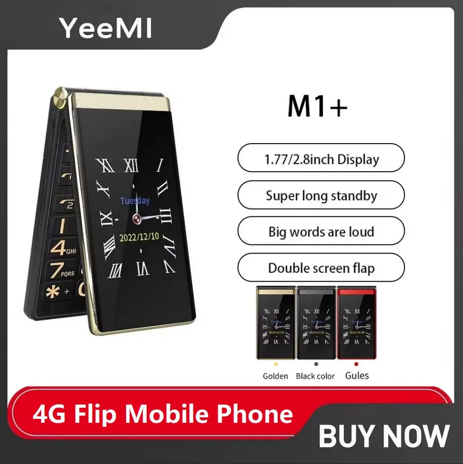 Yeemi M1+ LED Light Dual Display Mobile Phone Global Version 4G Flip Mobile 2 SIM Cards CellPhone Big Keyboard Loud Voice 2G