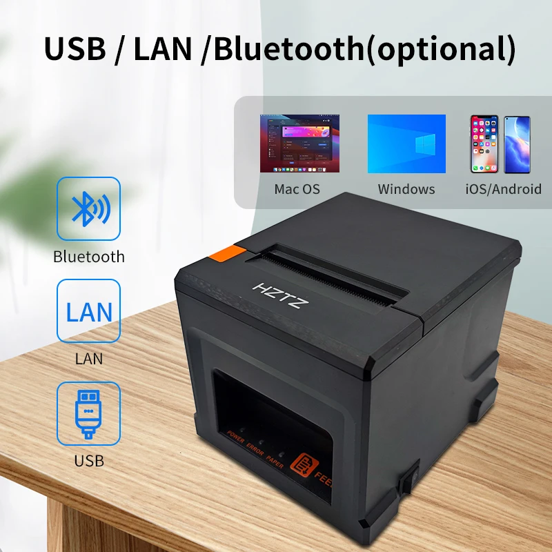HZTZ 80mm Thermal Receipt Printer HZ-8360 Automatic Cutter Restaurant Kitchen POS Printer USB LAN Bluetooth Printer
