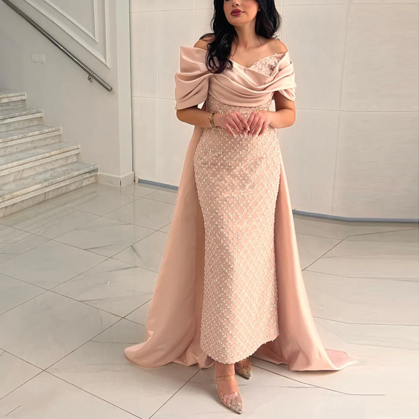 Sharon Said Elegant Off Shoulder Peach Arabic Evening Dress with Cape Ankle Length Midi Formal Wedding  Dress SS139 Customized