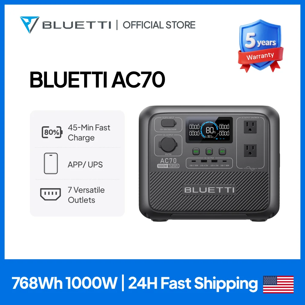 BLUETTI AC70 Portable Power Station 1000W 768Wh LiFePO4 Battery UPS Backup Solar