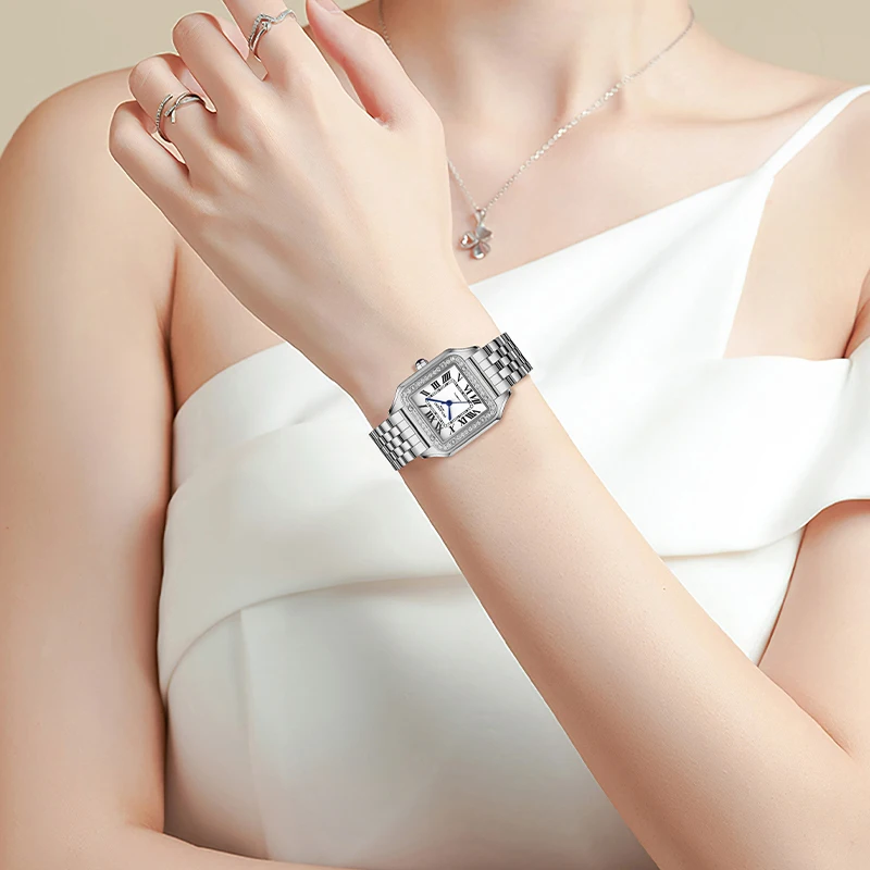 ROLENDO Light Luxury Gold Square Watch 33mm Diamond Sapphire Crystal Women's Auto Mechanical Roman Scale Waterproof Watch Gift