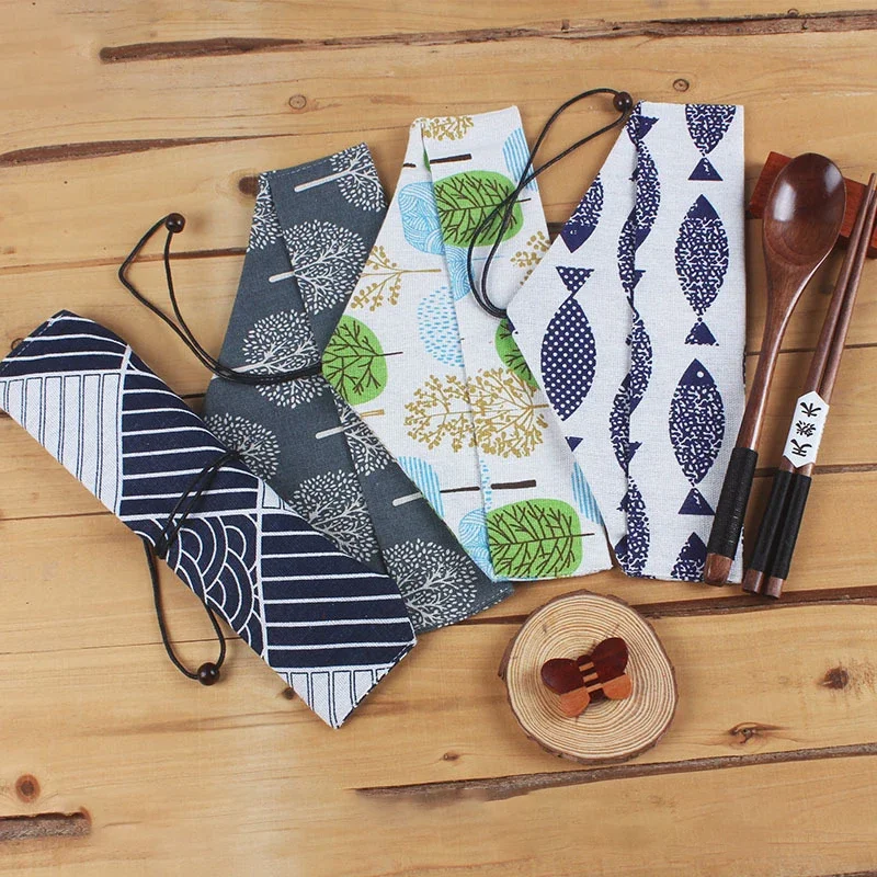 Sac à Couverts Portable, Impression Japonaise, Cliquets Réutilisables, Paille, Baguettes, Poudres de Couverts, Proximité, Sac à Coutellerie, Cuillère, Fourchette