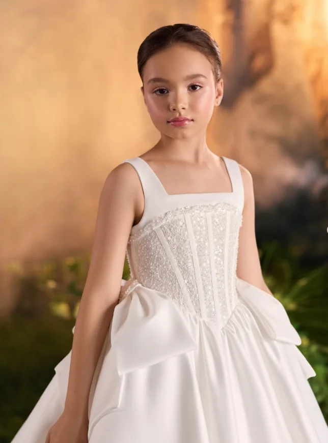 Ivory Satin Sleeveless Rhinestone Sequin A Line Ball Gown Floor Length Flower Girl Dress Kids Evening Party Baptism Customized