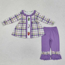 Wholesale Toddler Baby Girl Outfit Infant Long Sleeves Plaid Tunic Cotton Purple Pants Children Kids Mardi Gras Clothes Set