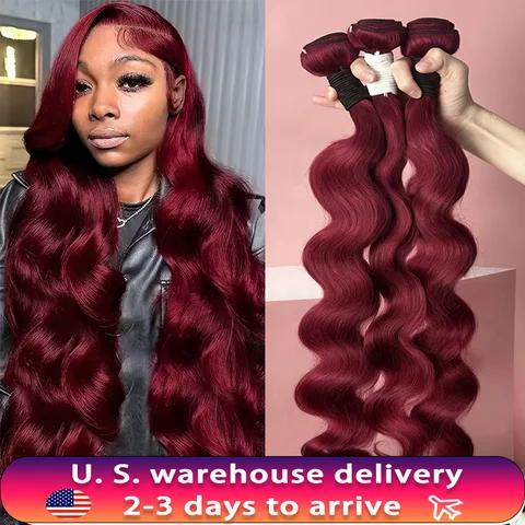 Mechones de cuerpo ondulado 99j Borgoña, 100% cabello humano, color vino tinto, 3 4 mechones, extensiones de cabello humano Real sin procesar