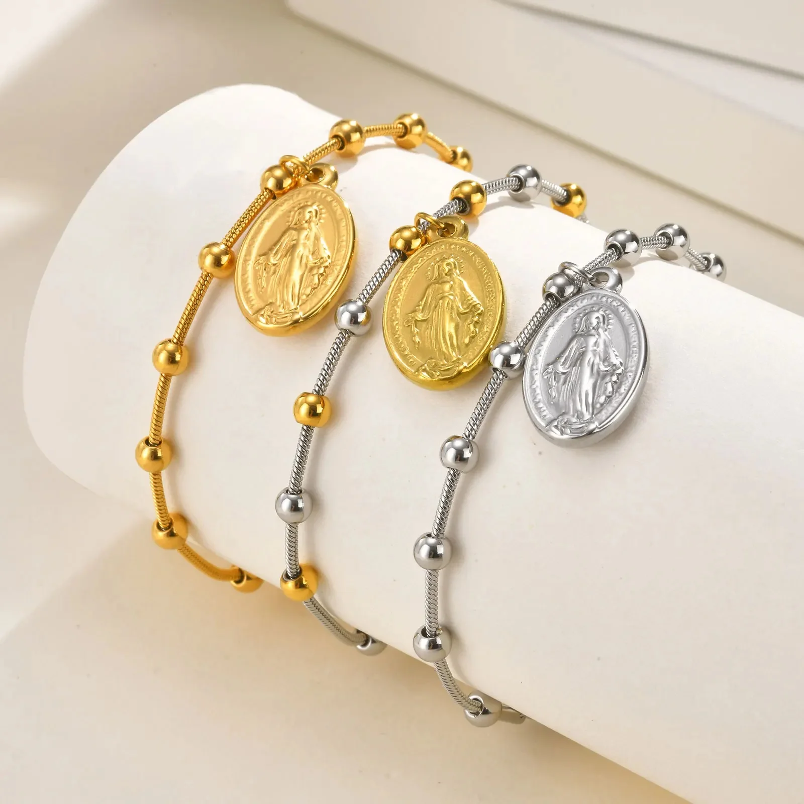 Bracelet croix chapelet vierge marie pour femmes, chaîne perlée réglable en acier inoxydable, bijoux religieux