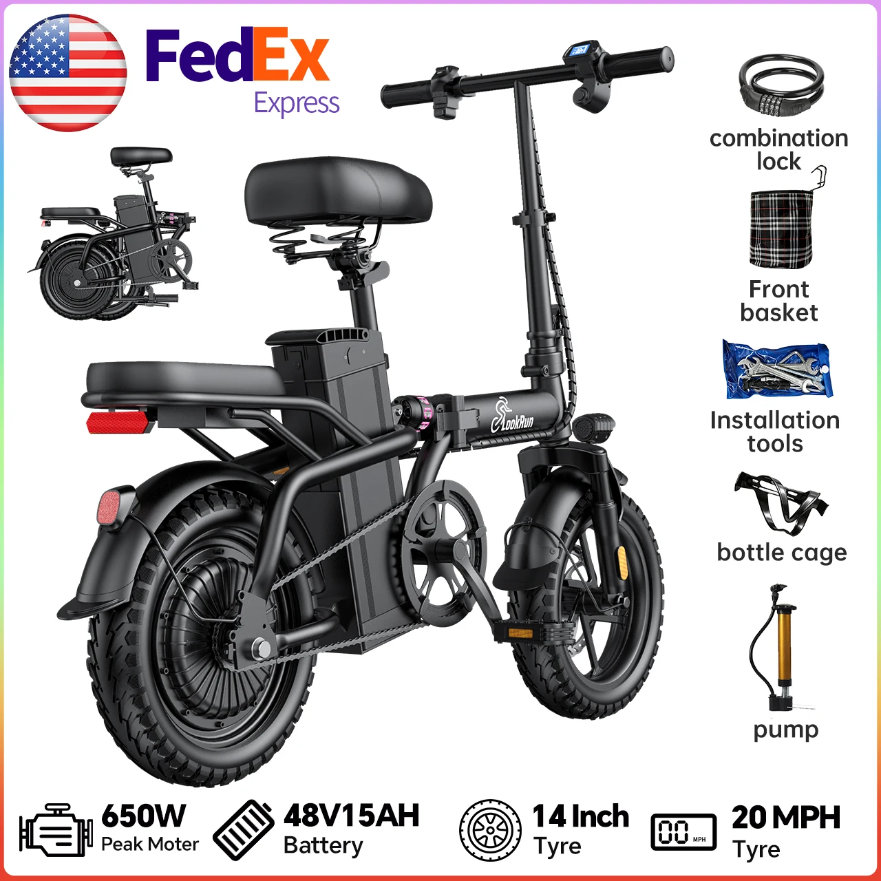 Folding Electric Bike,48V15AH Speed Over 20 MPH, 650W Adult Electric Bicycle with 14-inch Fat Tires, Max Range 20 Miles