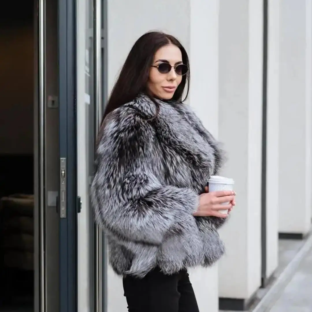 Women Fashion Real Silver Fox Fur Jacket Lapel Collar High Quality Female Genuine Silver Fox Fur Coats Casual Woman Overcoats