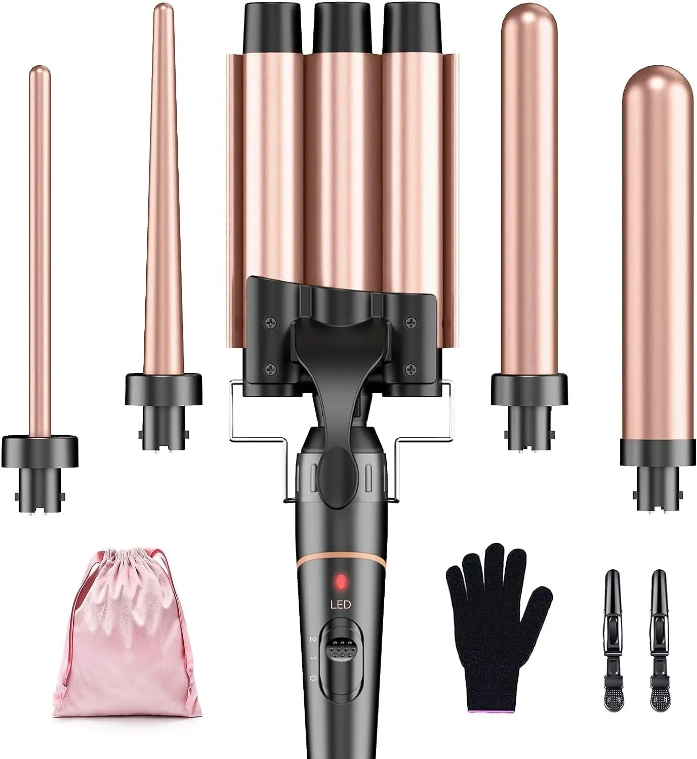 BESTOPE PRO Waver Curling Iron - 3 Barrel Hair Crimper Iron, 5 in 1 Curling Wand Set, Fast Heating Up Hair Wand with 2 Clips, Cr