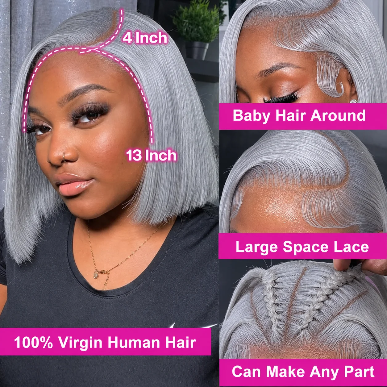 16 inch 200% Density Straight Bob Wig Human Hair 13x4 HD Lace Front Wig Preplucked Sliver Grey Colored Human Hair Wigs For Women
