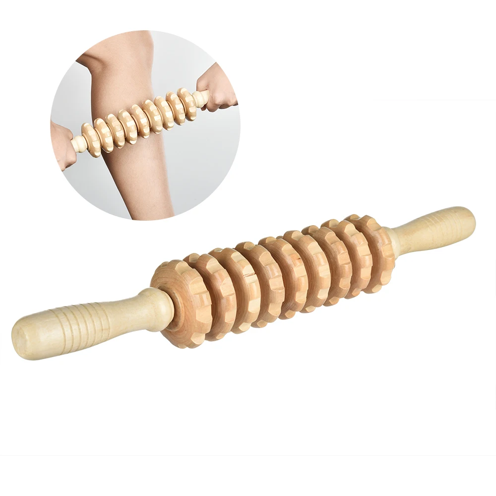 

Body Fascia Massager Anti-slip Handle Wood Grooved Gear Arms Legs Thighs Buttocks Smooth Roller Massager for Back Relaxation