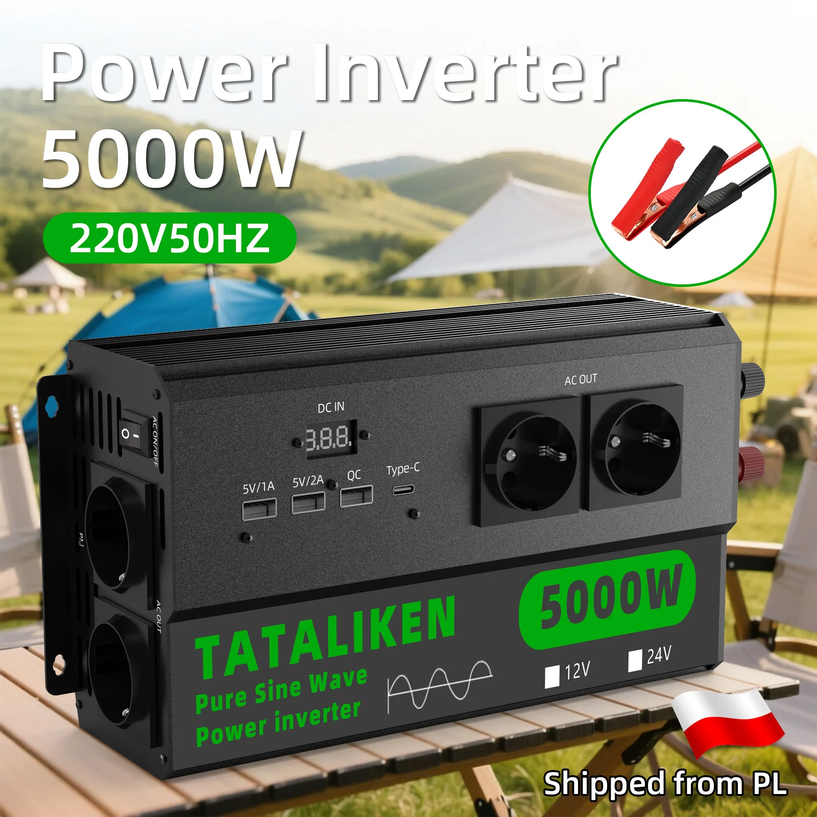 Inverter di Potenza Interamente in Metallo 6000W Max 12V a 220V con Ventola Intelligente per Dissipazione del Calore, Sistema di Protezione Multipla, Prese Europee e USB per Backup di Emergenza e