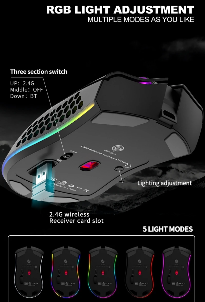 ماوس ألعاب لاسلكي احترافي خفيف الوزن ماوس ألعاب بلوتوث 2.4G USB 6 مفاتيح تصميم مريح RGB ضوء العسل BM600
