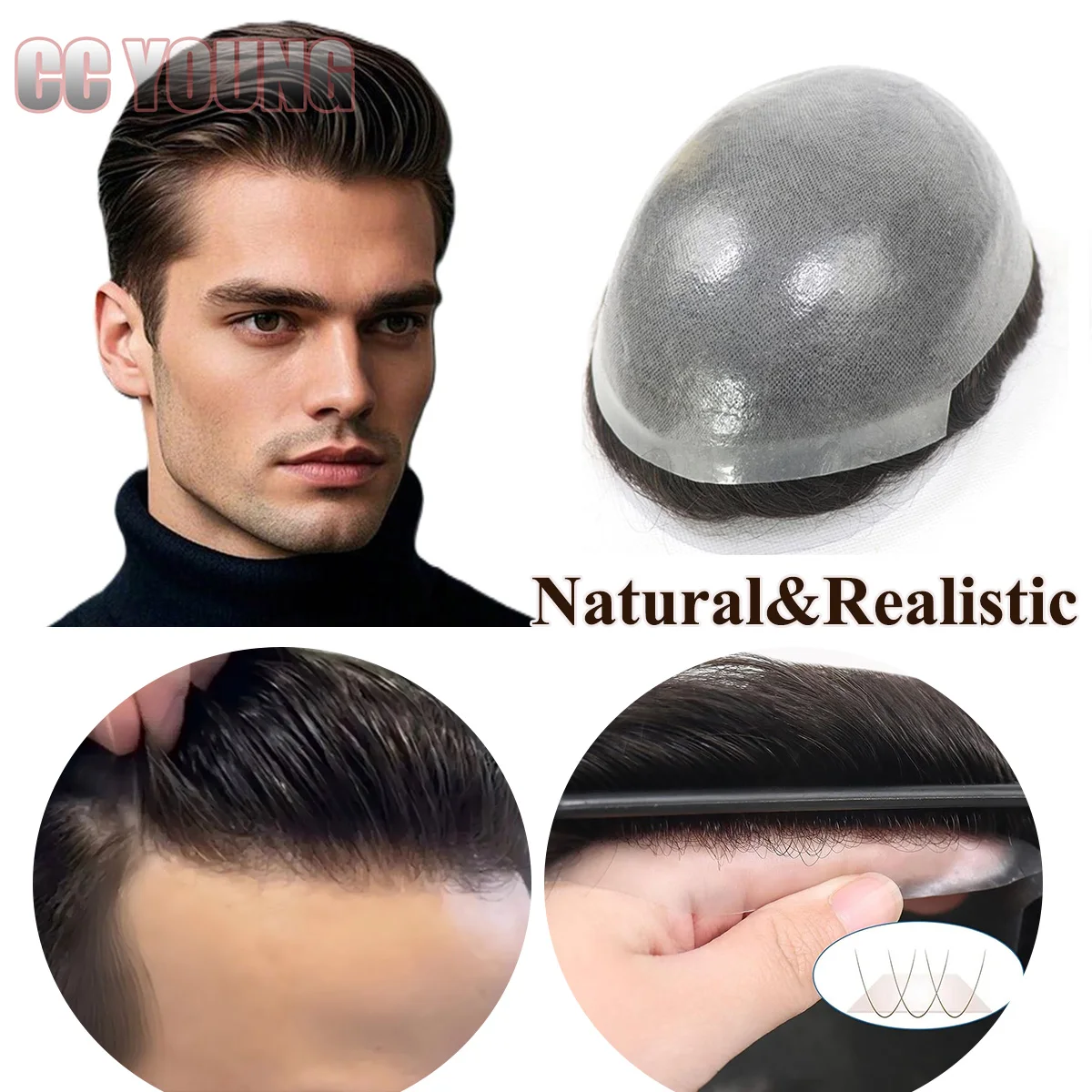 

Men's Human Hair Toupee Invisible Full PU Poly Skin Hairpiece Natural Hairline Lightweight Breathable Hair Replacement For Men