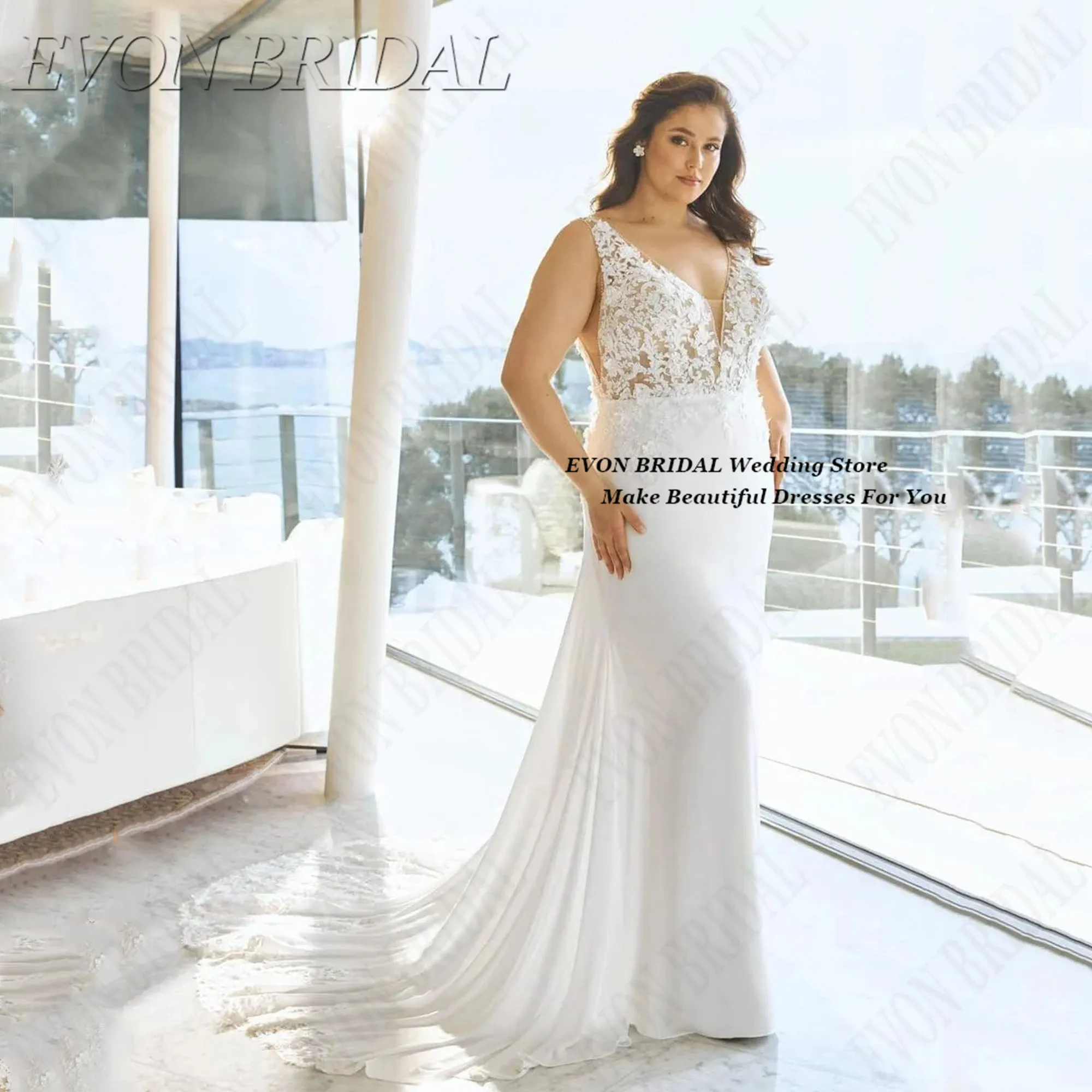 

Lace Plus Size Bride Dresses Appliques Modern Small Train Wedding Dress For Bride Fashion Bridal Party Gown EVON BRIDA Customize