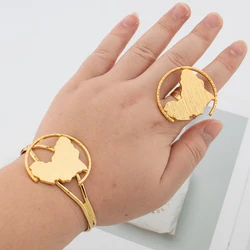 Cuff Bangle and Ring Jewelry Set for Dubai African Women 18k Gold Plated Hand Bracelet Finger Ring Weddings Bride Aesthetic Gift