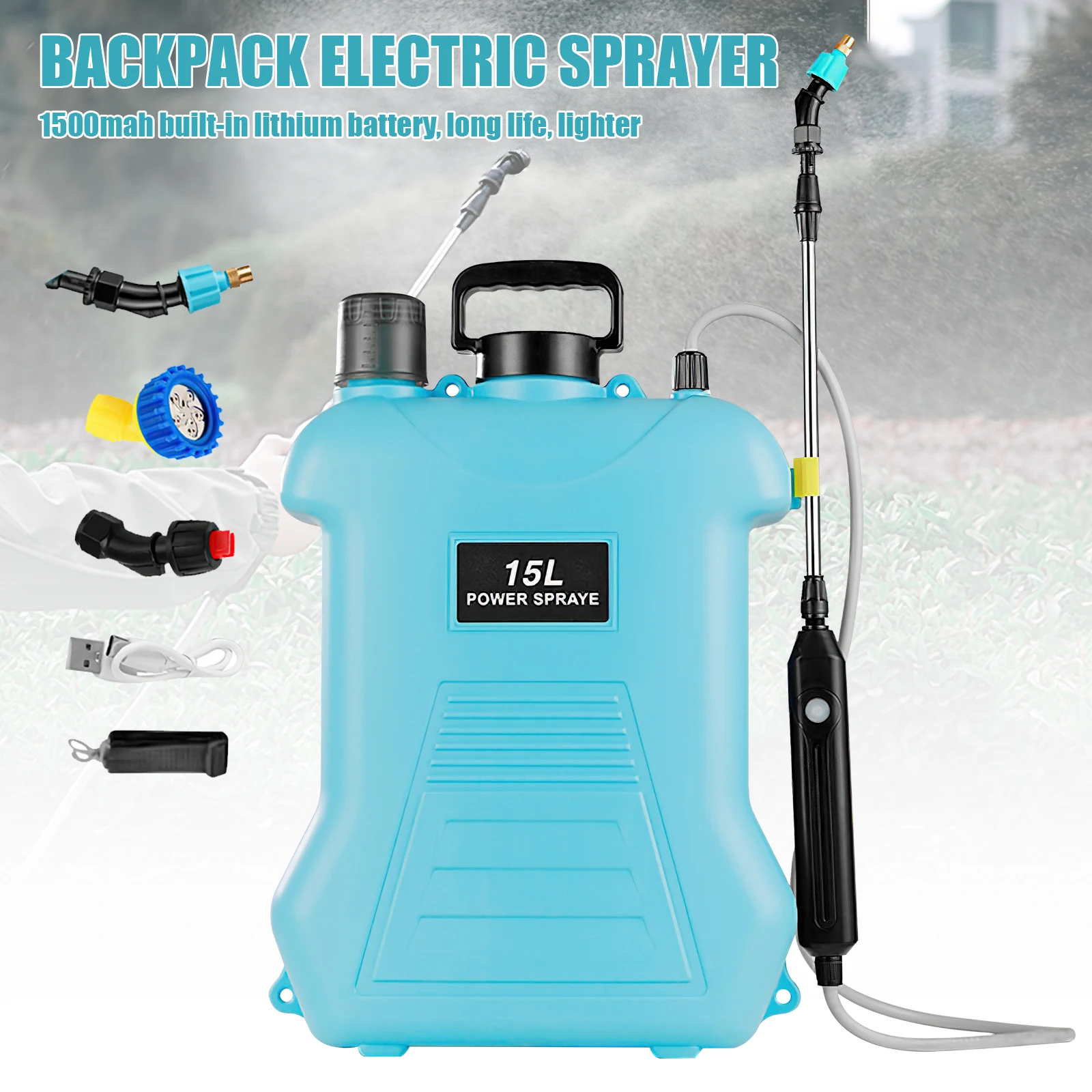 Pulverizador Eléctrico de Mochila de 15L, Recargable por USB, Alta Presión para Granja, Jardín, Desinfección – Múltiples Boquillas, Larga Duración