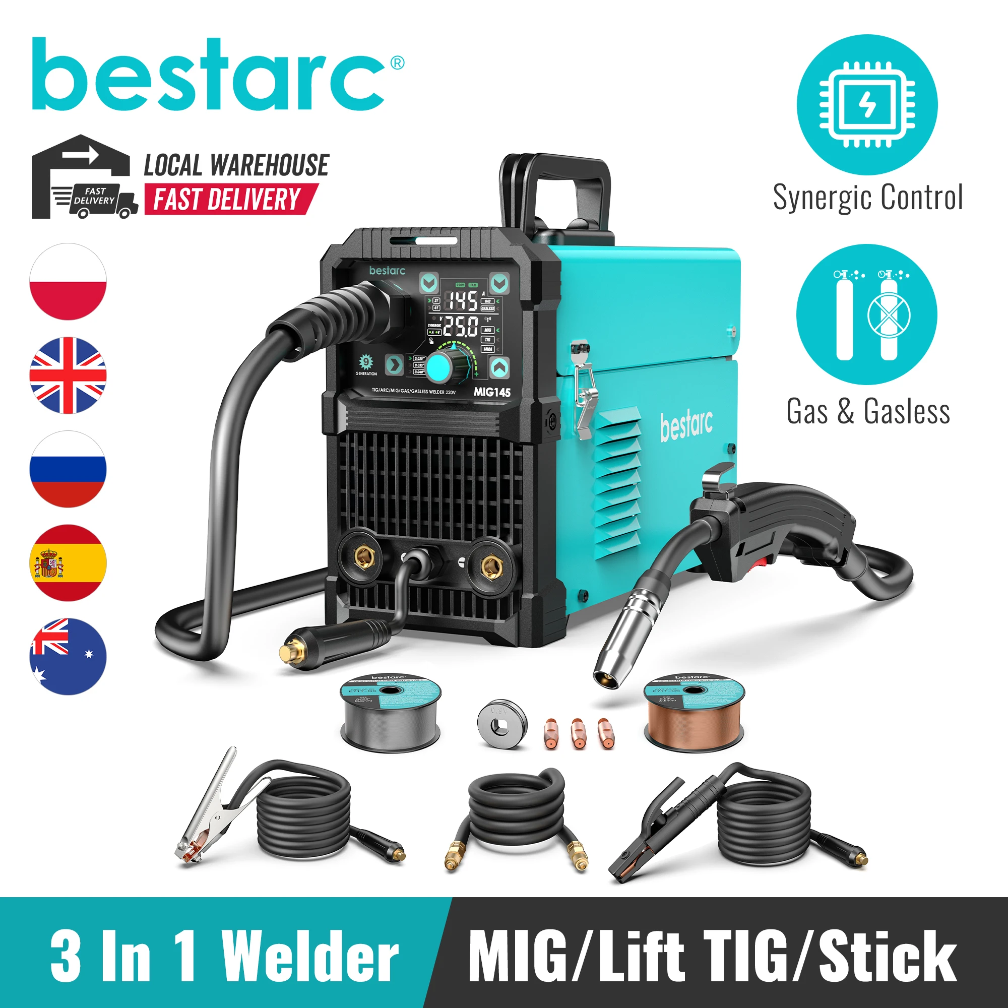 bestarc MIG Welder, MIG145 145Amps Gas MIG/Gasless MIG/Lift TIG/Stick 3 in 1 MIG with Digital Screen Display, 220V Single Phase