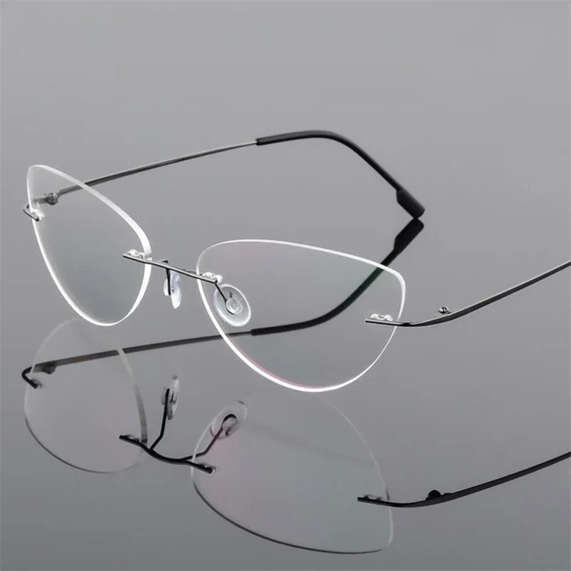 Lunettes de myopie œil de chat sans cadre, lentille d'index 1.61, ultralégères, sans bords, bloquant la lumière bleue, lunettes de Prescription-0.5 -0.75 à-6