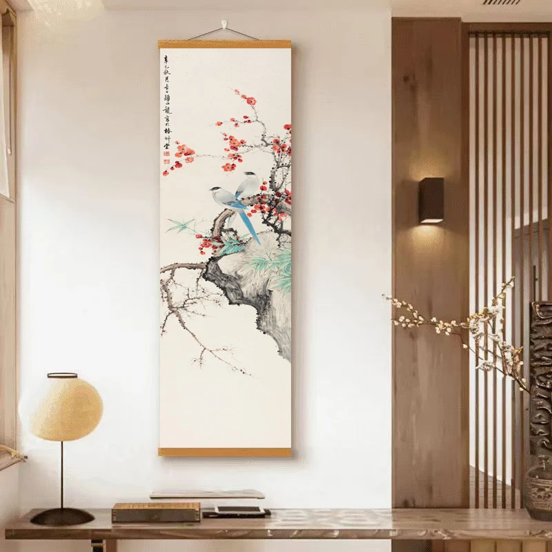 Traditional Chinese flower bird red plum blossom, emerald bamboo, longevity stone hanging paintings, elegant home decoration