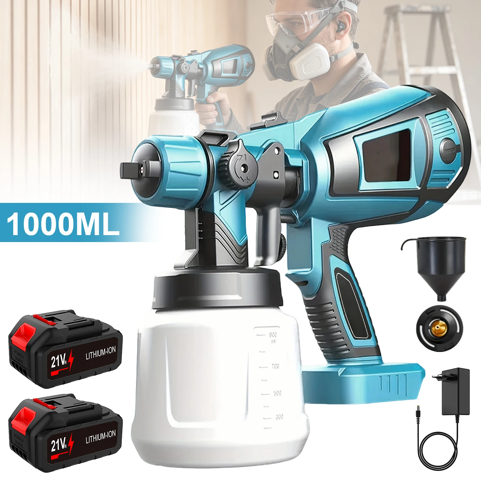 1000ML Elektrische Spritzpistole 200W Kabelloser Farbsprüher Tragbarer Haushalts-Farbsprüher Auto-Möbel-Stahlbeschichtungs-Airbrush für Makita 18/21V Akku