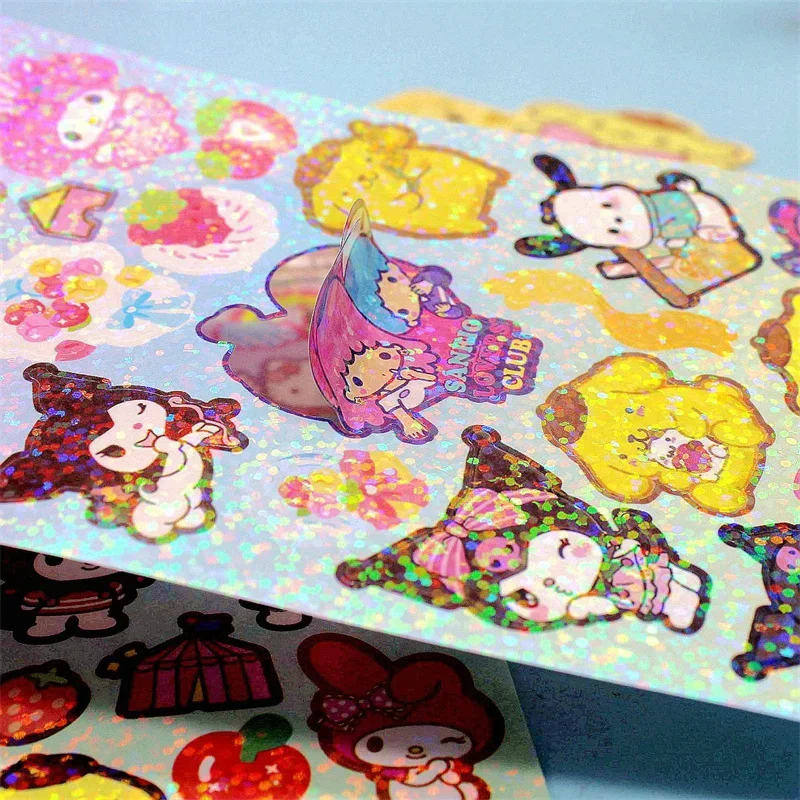 20Sheets Sanrio Sticker Cartoon Hello Kitty Cinnamoroll Kuromi My Melody Laser Sticker Decals Stationery Wholesale Kids Toys