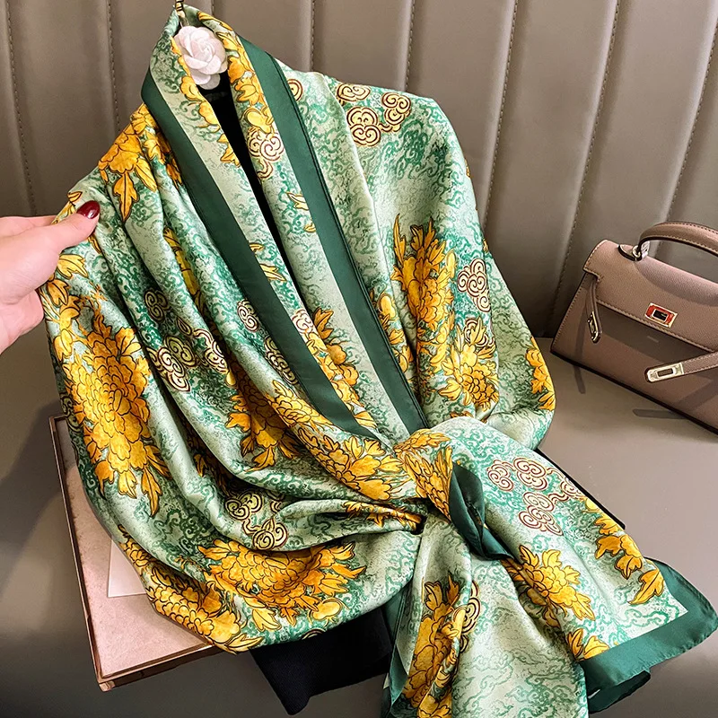 Mode Druck Große Schal Wraps Seide Schal Frauen Luxus Marke Satin Stirnband Hijab Bandana Turban Foulard Sommer Strand Stolen – Detail 21