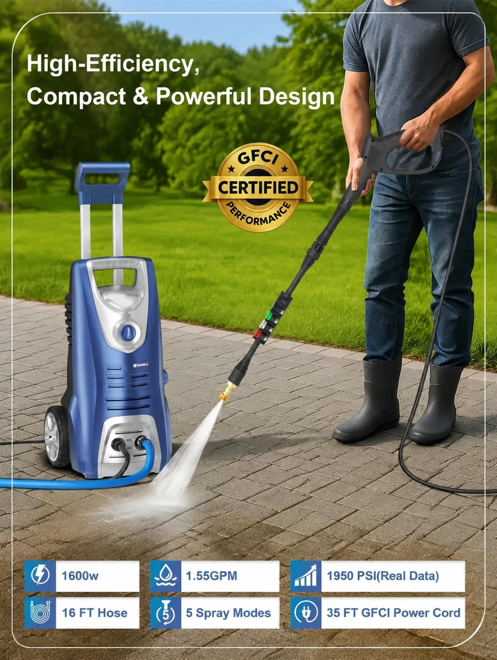 1600W Washer with 5Nozzles Set&Foam Cannon,16ft Hose,Adjustable Handle,Power Washer for Driveways, Cars, Fences, Decks, Patios&Outdoor Cleaning